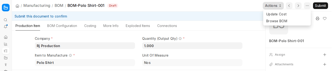 ERPNext v16 BOM Actions menu showing Update Cost and Browse BOM