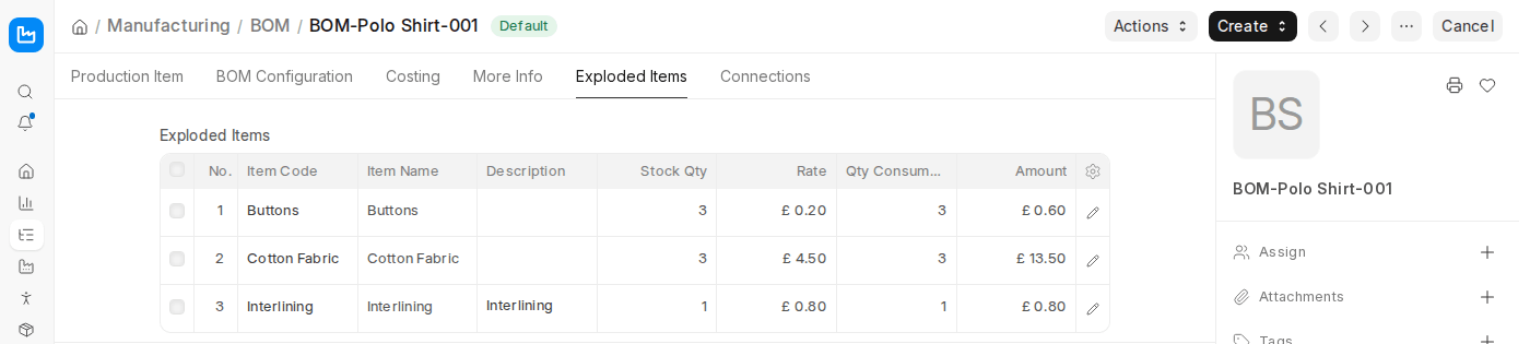 ERPNext v16 BOM Exploded Items tab listing all raw materials including those of sub-assemblies