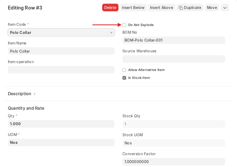 ERPNext v16 BOM component row editor with the Do Not Explode checkbox highlighted