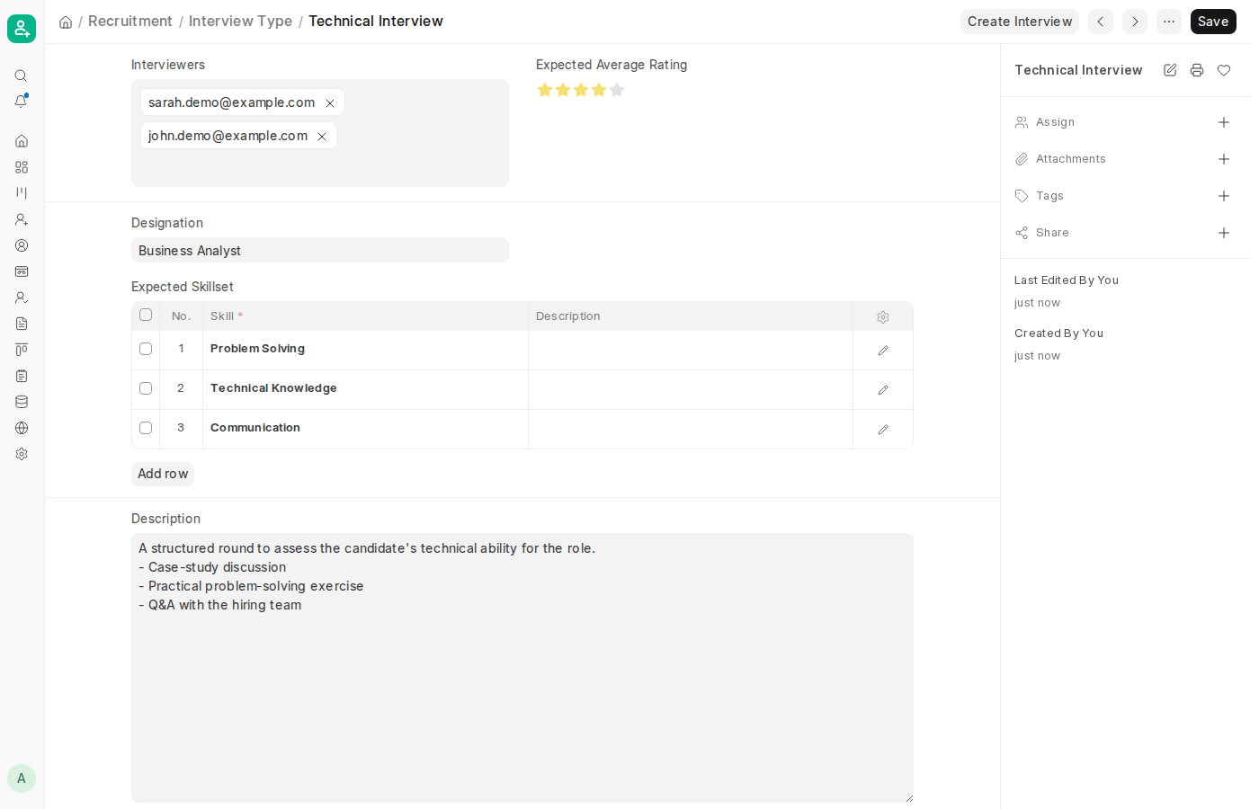 ERPNext v16 Interview Type form showing Interviewers, Expected Average Rating, Designation, Expected Skillset and Description