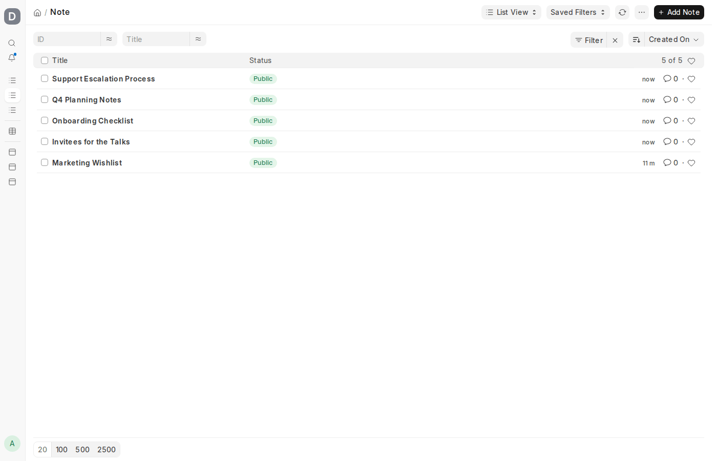ERPNext v16 Note list view showing existing public notes