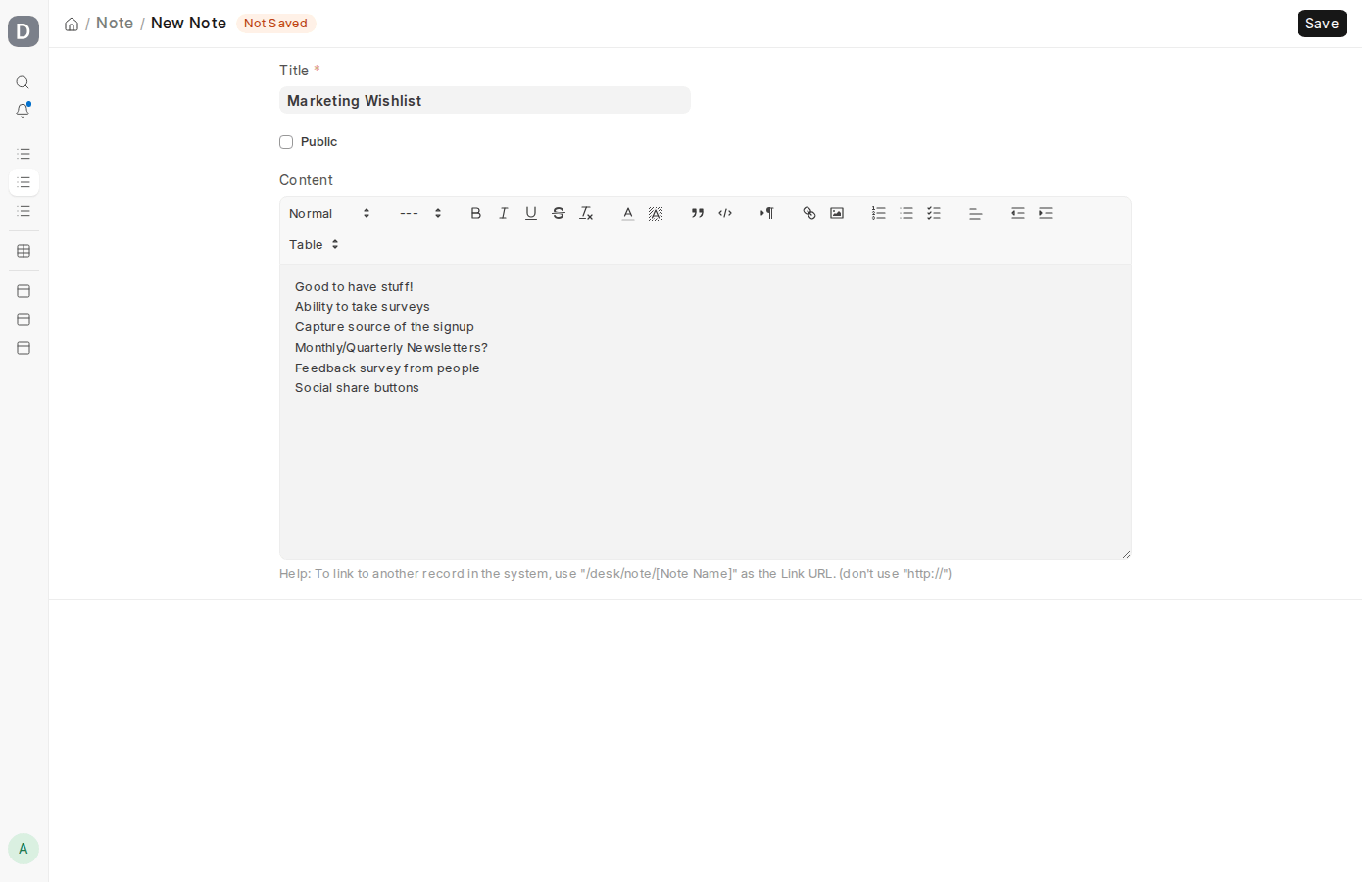 ERPNext v16 New Note form with Title and Content fields, before making it public