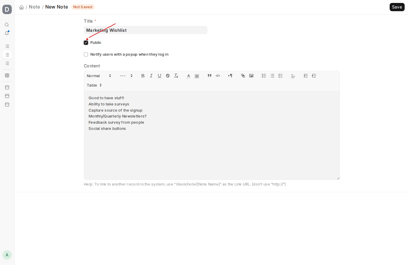 ERPNext v16 New Note form with the Public checkbox checked, highlighted