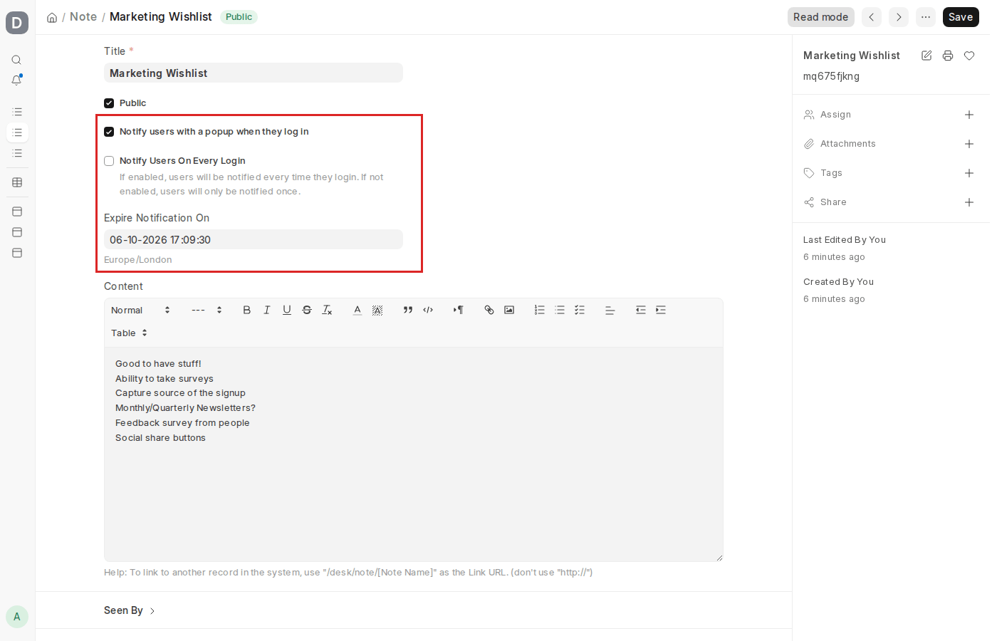 ERPNext v16 Note showing the Notify users with a popup and Expire Notification On fields, highlighted