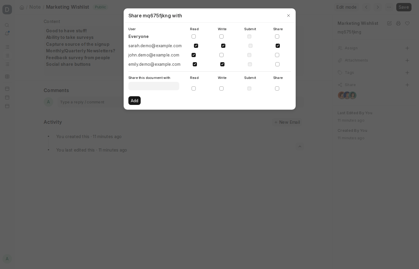 ERPNext v16 Share dialog for a Note showing Read, Write and Share permissions for different users