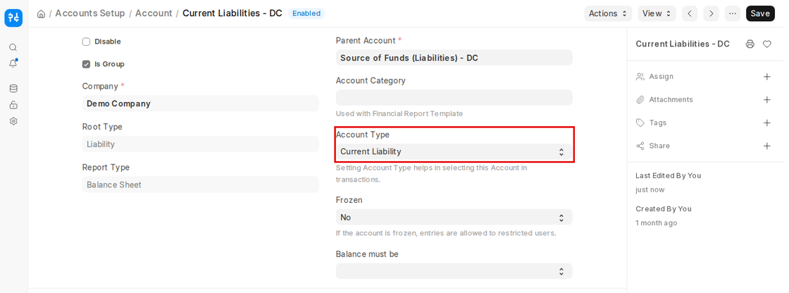 Current Liabilities group account with Account Type Current Liability in ERPNext v16
