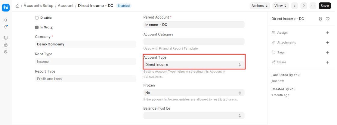 Direct Income group account with Account Type Direct Income in ERPNext v16