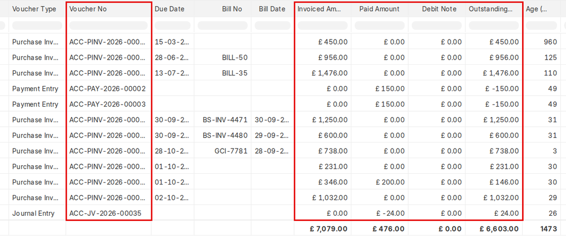 Accounts Payable rows with voucher, invoiced, paid and outstanding amounts in ERPNext v16