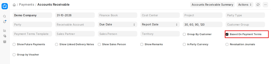 Based On Payment Terms option in the Accounts Receivable report in ERPNext v16