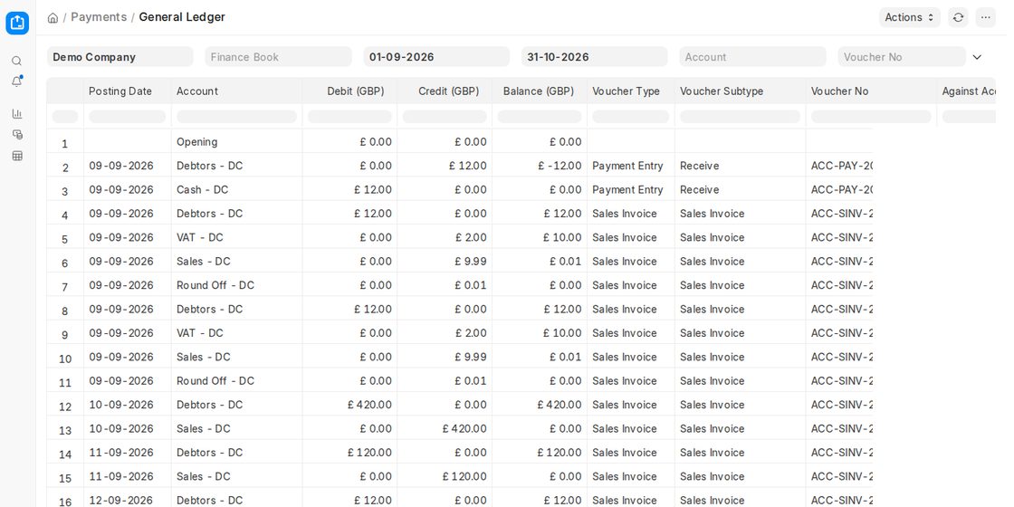 General Ledger report grouped by voucher in ERPNext v16
