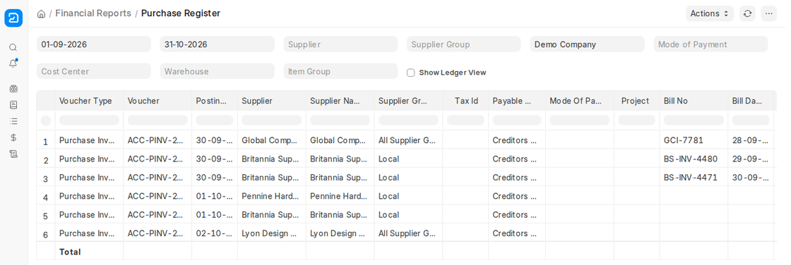 Purchase Register report in ERPNext v16