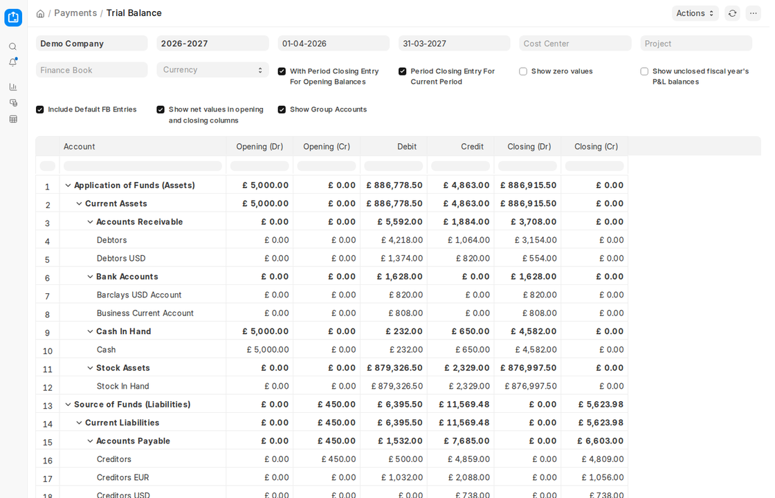 Trial Balance report with opening, debit, credit and closing columns in ERPNext v16