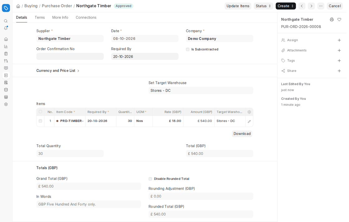 Changing the quantity of a submitted Purchase Order with the Update Items dialog in ERPNext v16