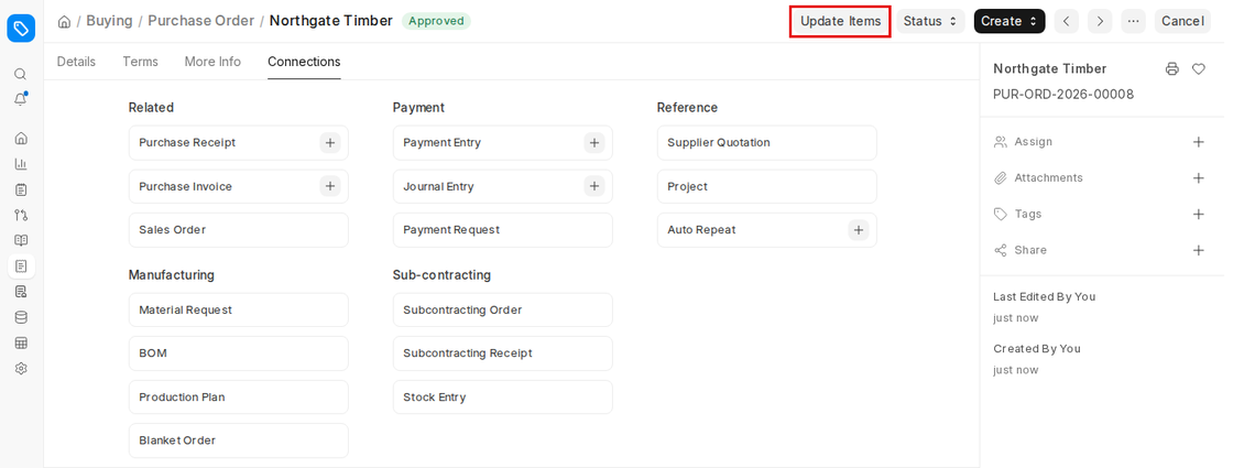 Update Items button highlighted on a submitted Purchase Order in ERPNext v16