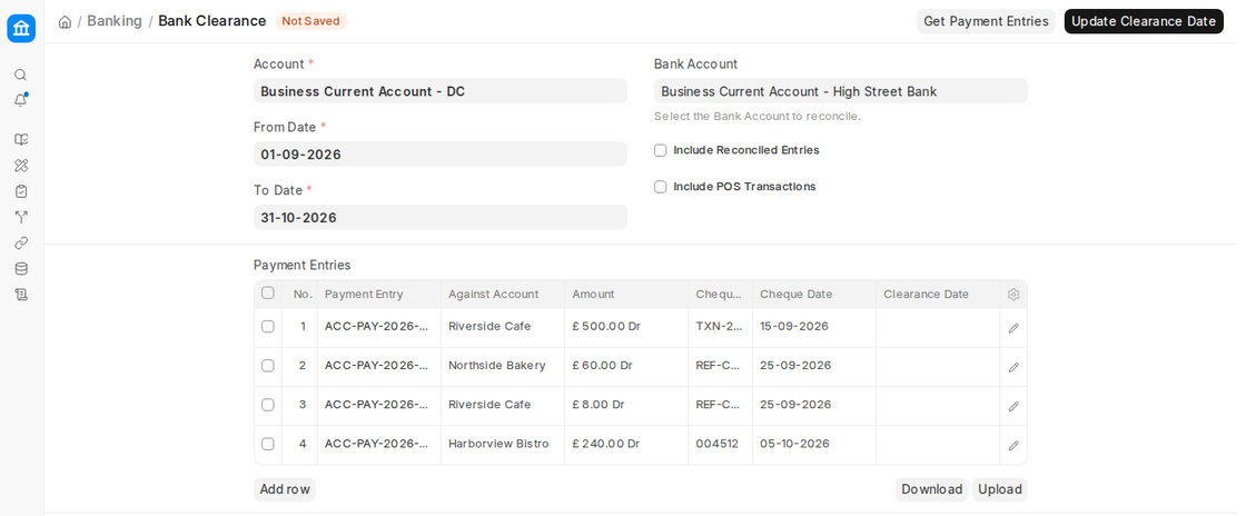 Bank Clearance with payment entries and Update Clearance Date in ERPNext v16