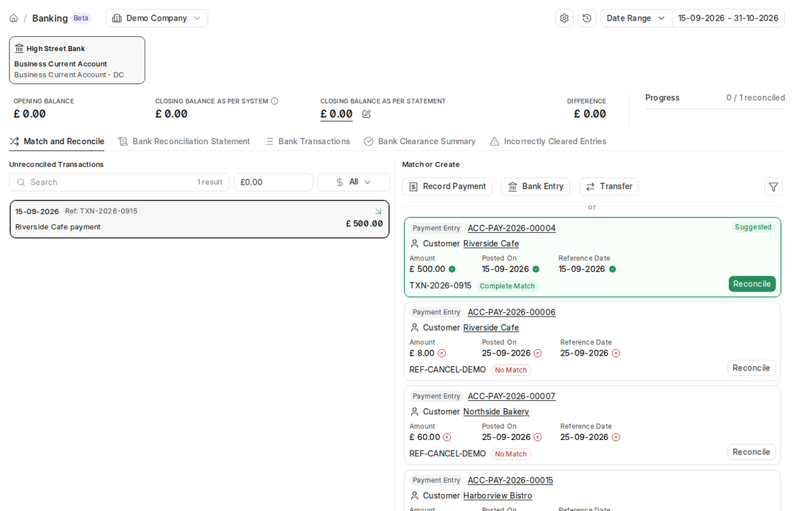 New Banking page in ERPNext v16 suggesting a matching payment entry for a bank transaction