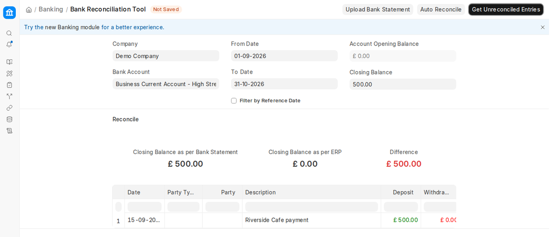 Bank Reconciliation Tool with closing balances and unreconciled bank transaction in ERPNext v16