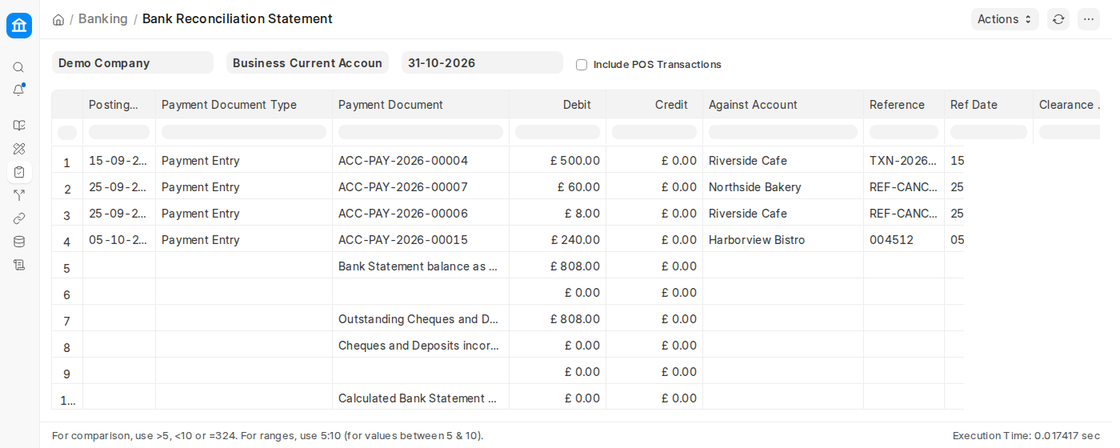 Bank Reconciliation Statement report with outstanding deposits in ERPNext v16