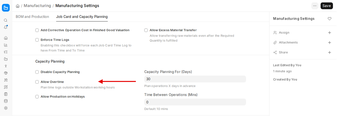 Allow Overtime and Capacity Planning settings in Manufacturing Settings in ERPNext v16