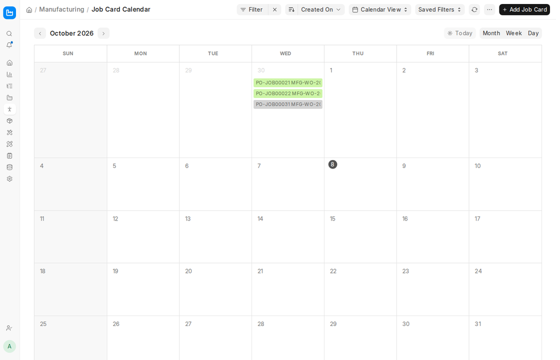 Job Card calendar view showing scheduled job cards in ERPNext v16