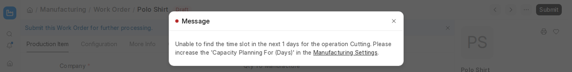 Unable to find the time slot capacity planning error on Work Order submit in ERPNext v16