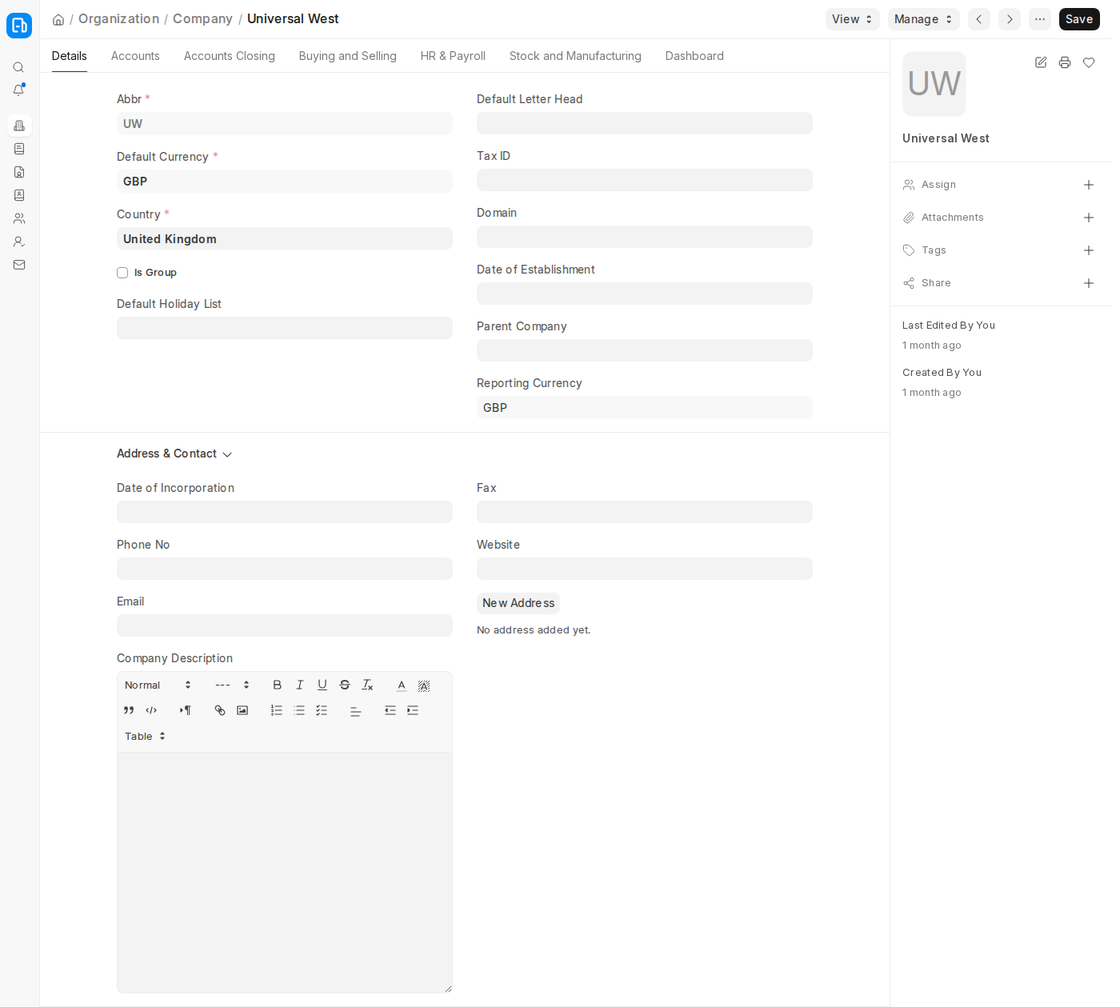 Address and Contact section of the Company form in ERPNext v16 with phone, email, website and New Address