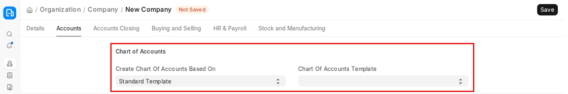Chart of Accounts section on a new Company in ERPNext v16 with Create Chart Of Accounts Based On set to Standard Template
