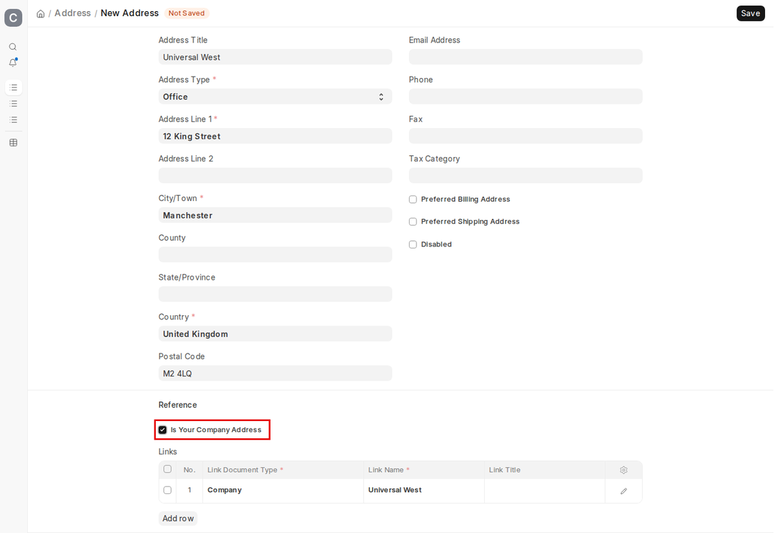 New Address form in ERPNext v16 with Is Your Company Address ticked and linked to the company