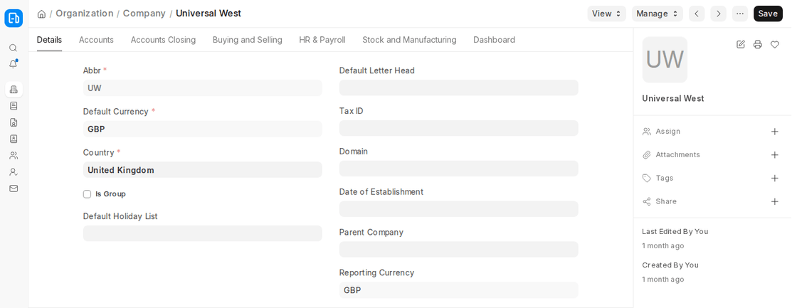 ERPNext v16 Company form Details tab with abbreviation, currency, country, Tax ID and Reporting Currency