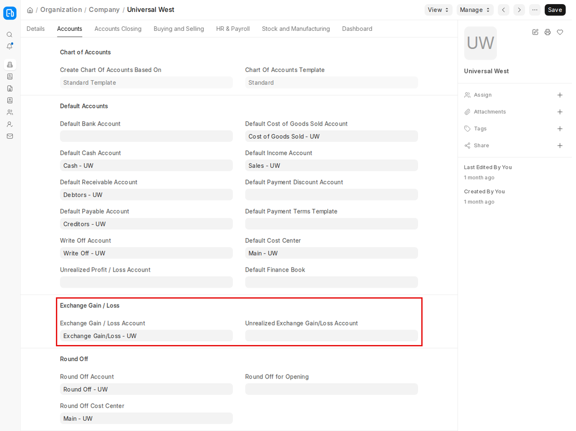 Company Accounts tab in ERPNext v16 with default accounts and the Exchange Gain or Loss section highlighted