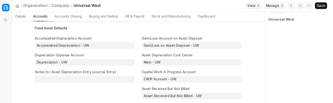 Fixed Asset Defaults section of the Company Accounts tab in ERPNext v16