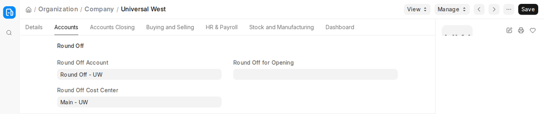 Round Off section of the Company Accounts tab in ERPNext v16