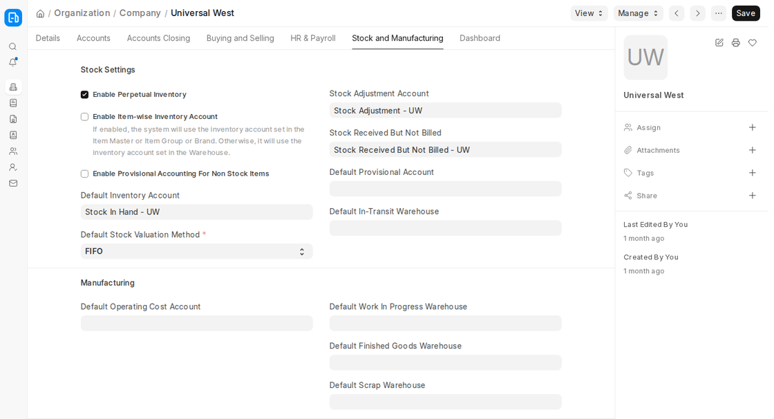 Company Stock and Manufacturing tab in ERPNext v16 with stock settings and default manufacturing warehouses
