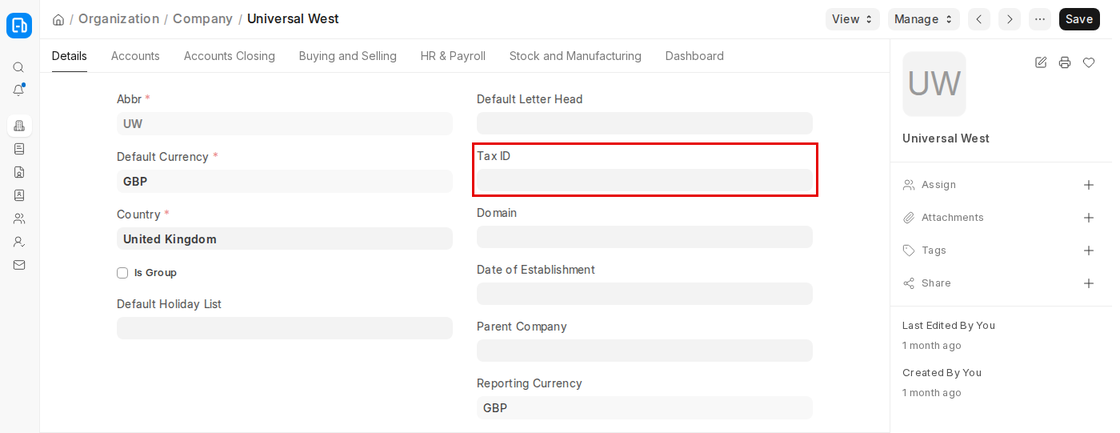Tax ID field highlighted on the Company Details tab in ERPNext v16