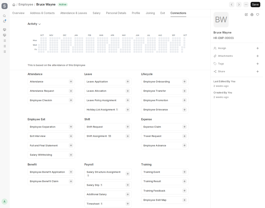 Employee Connections tab with attendance, leave, lifecycle, payroll and expense records in Frappe HR v16