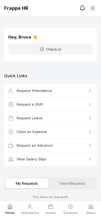 Frappe HR mobile app home screen with Check In and quick links