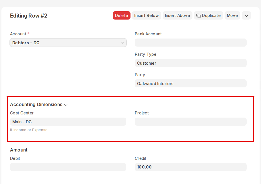 Accounting Dimensions in a Journal Entry account row in ERPNext v16