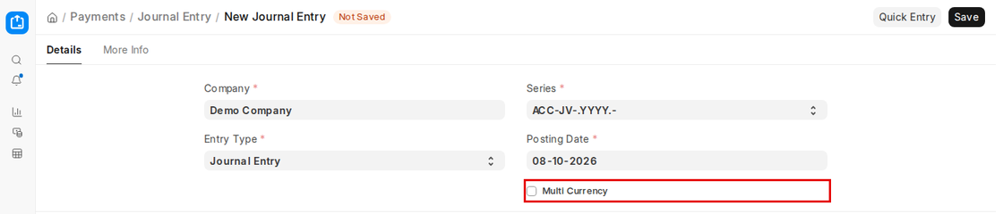 Multi Currency checkbox on a Journal Entry in ERPNext v16