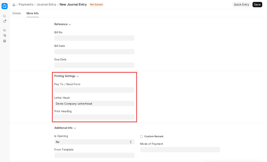 Printing Settings and Additional Info on the Journal Entry More Info tab in ERPNext v16