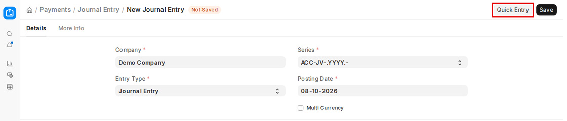 Quick Entry button on a new Journal Entry in ERPNext v16