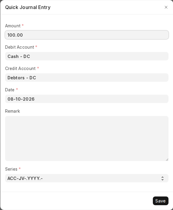 Quick Journal Entry dialog with amount, debit and credit account in ERPNext v16