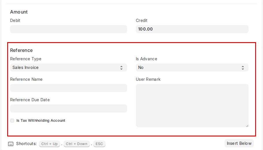 Reference Type, Reference Name and Is Advance in a Journal Entry row in ERPNext v16