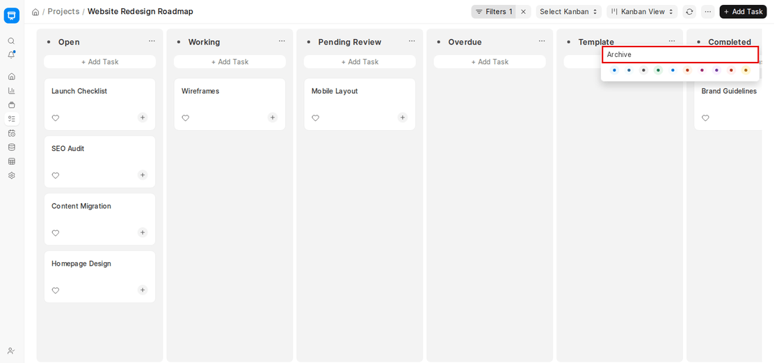 Archive option highlighted in the Kanban column menu in ERPNext v16