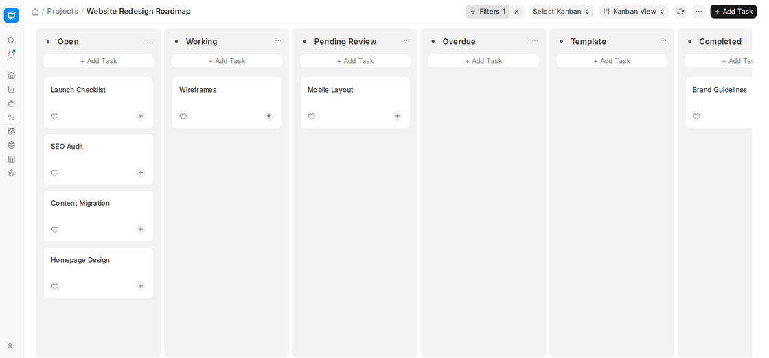 Task Kanban board in ERPNext v16 with cards in Open, Working, Pending Review and Completed columns