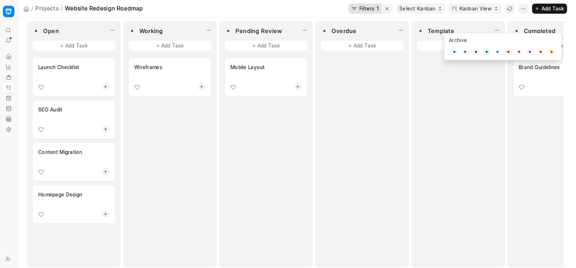 Kanban column menu in ERPNext v16 with Archive and the colour options for the column