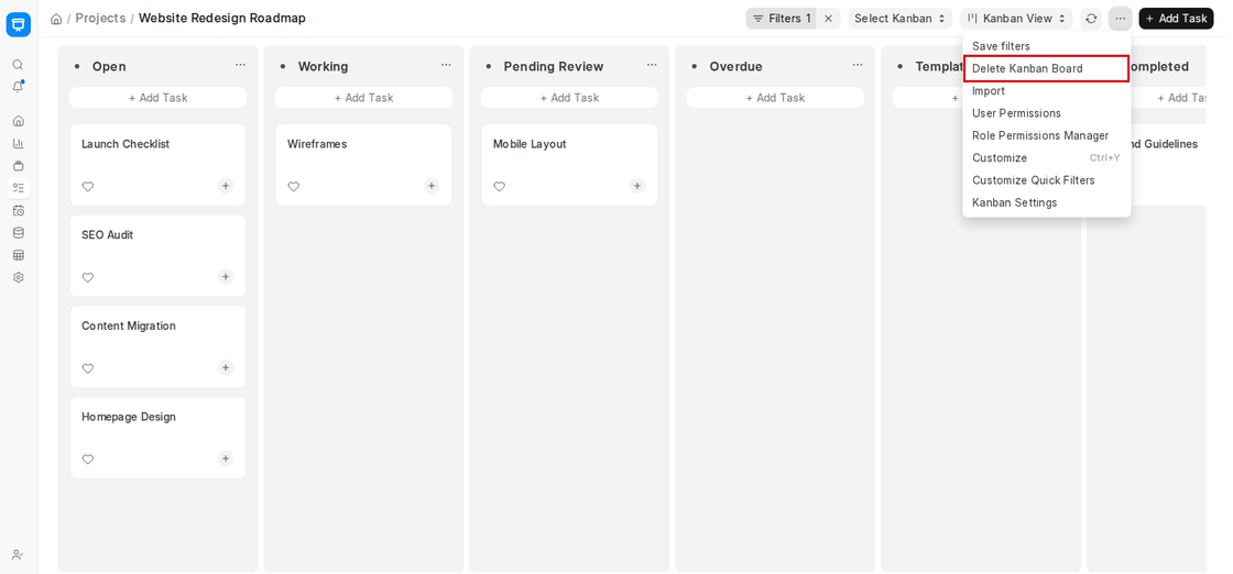 Delete Kanban Board highlighted in the Kanban board menu in ERPNext v16
