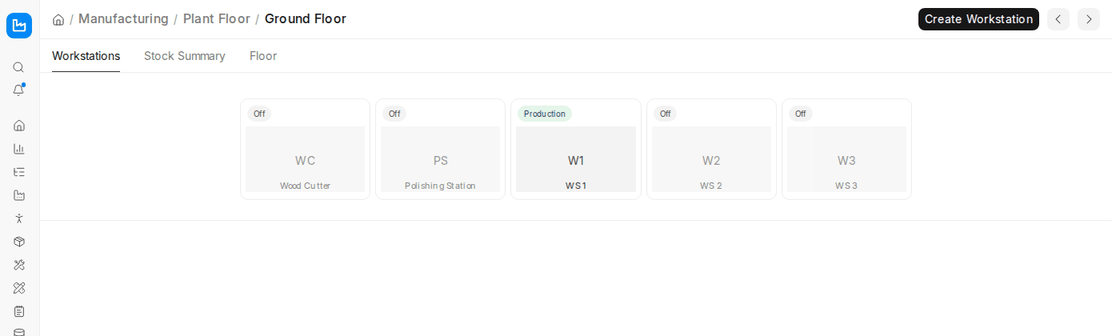 Opening a workstation from the Plant Floor to see its Job Cards in ERPNext v16