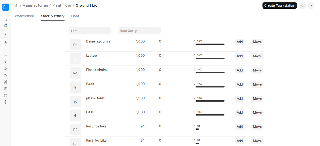 Plant Floor Stock Summary with Add and Move buttons in ERPNext v16