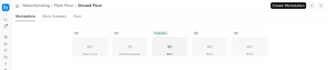 Plant Floor Workstations tab showing each workstation and its status in ERPNext v16