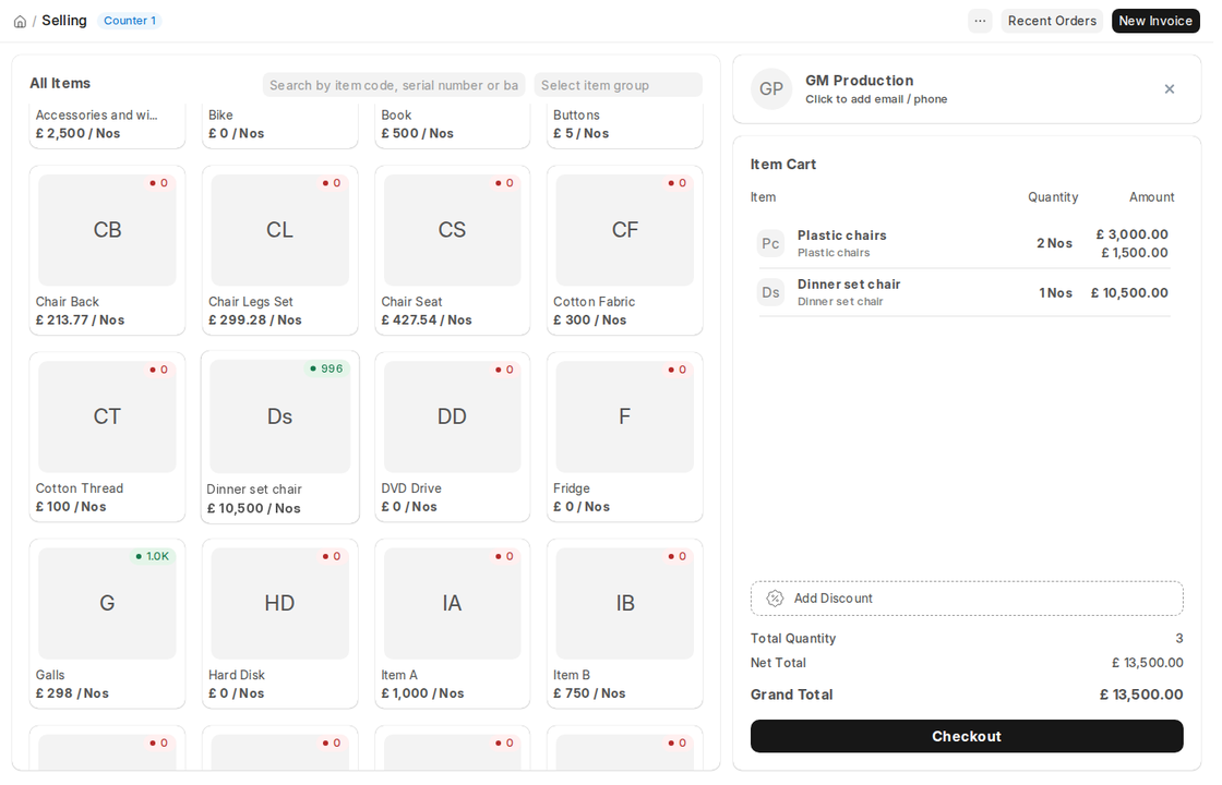 Point of Sale screen with items and item cart in ERPNext v16
